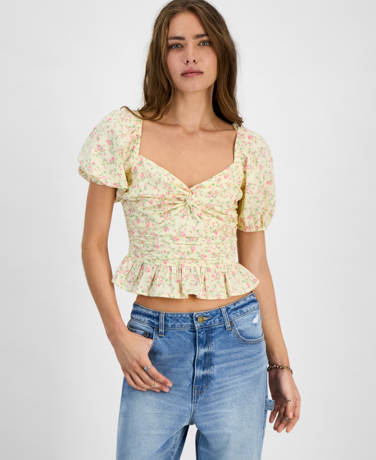 KINGSTON GREY JUNIORS' PRINTED SWEETHEART-NECK PUFF-SLEEVE TOP 