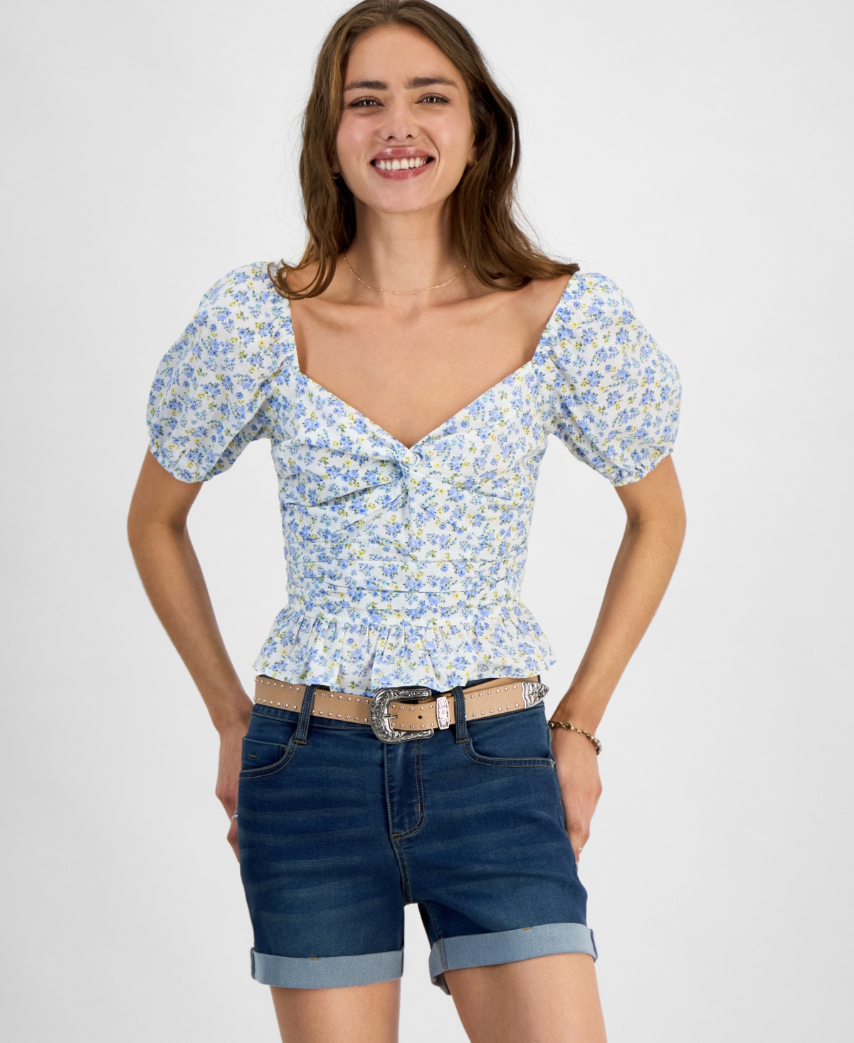 Juniors' Printed Sweetheart-Neck Puff-Sleeve Top - Ivory/Blue