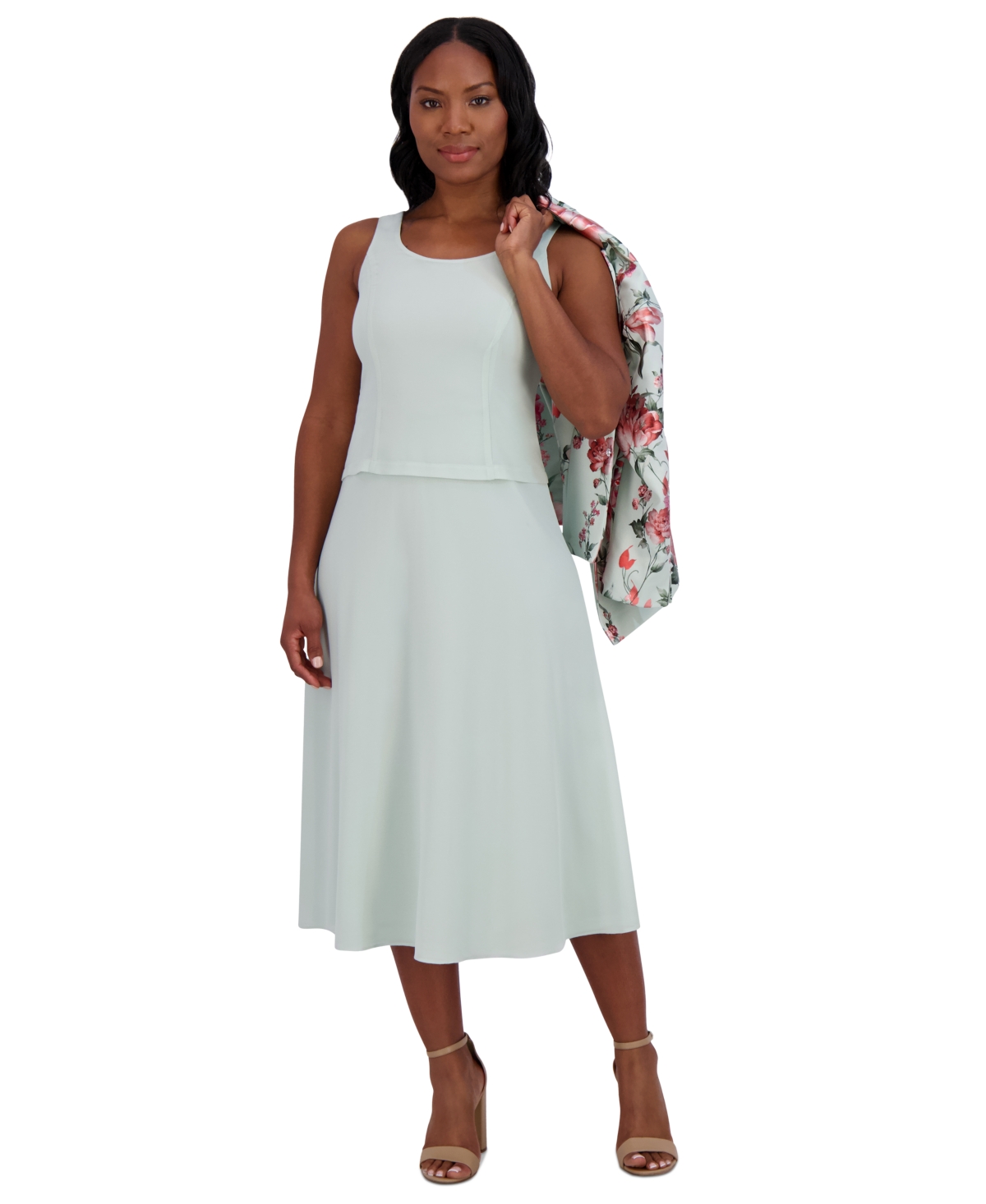Jessica Howard Petite 2-pc. Floral-print Jacket & Midi Dress Set In Sage