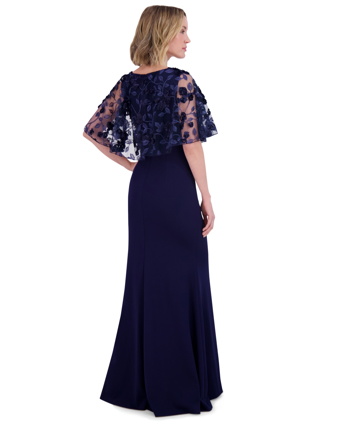 Eliza J Women's Embroidered Cape Overlay Scuba Gown In Navy