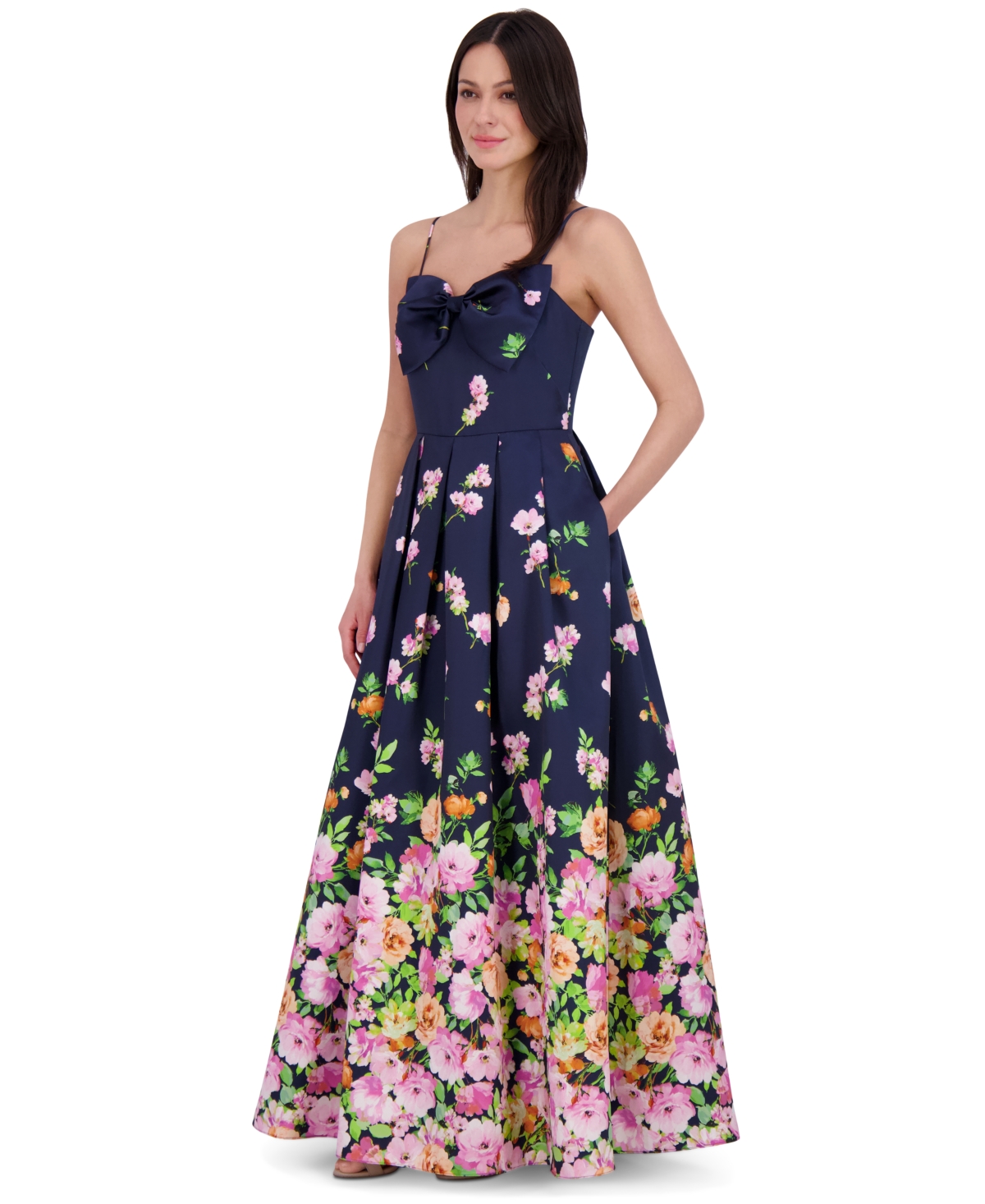 ELIZA J WOMEN'S PRINTED BOW SLEEVELESS BALL GOWN 