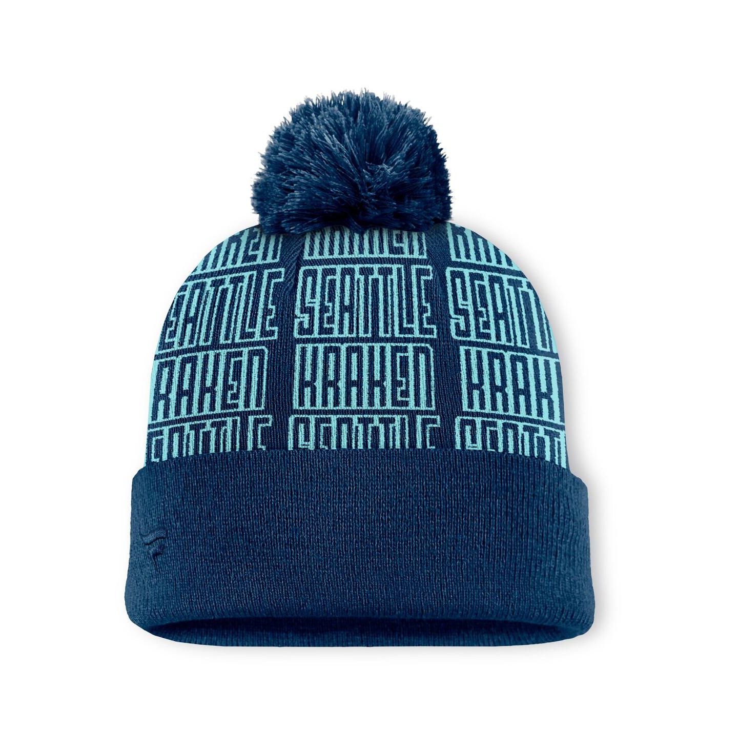 Мужская шапка Fanatics Navy/Light Blue Seattle Kraken Fundamental Empty Net Cuffed Knit Hat with Pom — фото 2