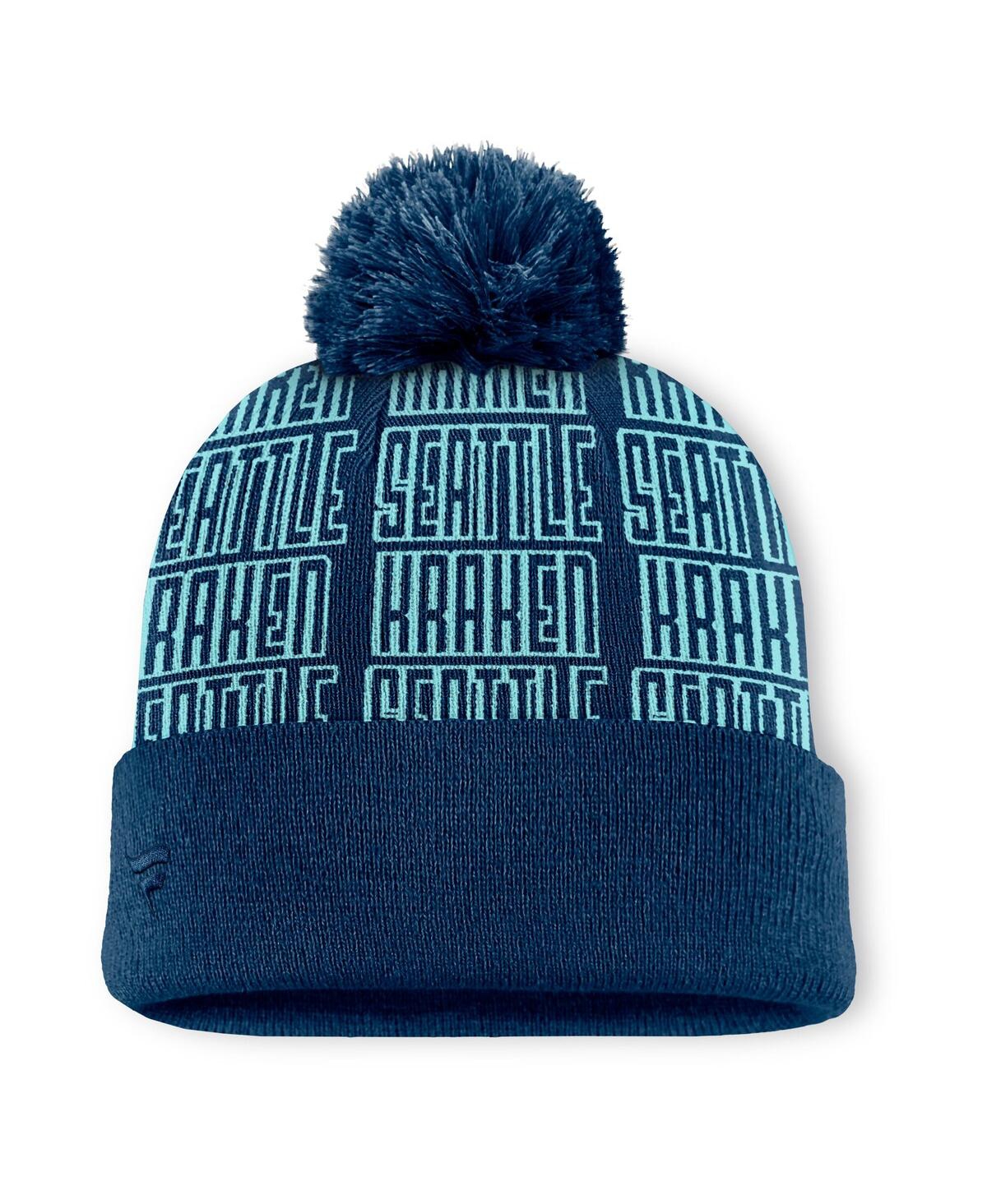 Fanatics Men's Navy/light Blue Seattle Kraken Fundamental Empty Net Cuffed Knit Hat With Pom In Navy,light Blue