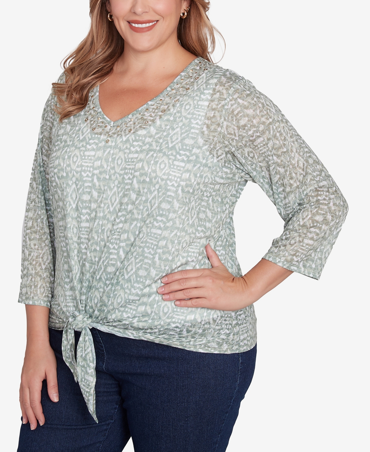 Hearts Of Palm Plus Size Spring Forward Printed Burnout V-neck Top In Willow Multi
