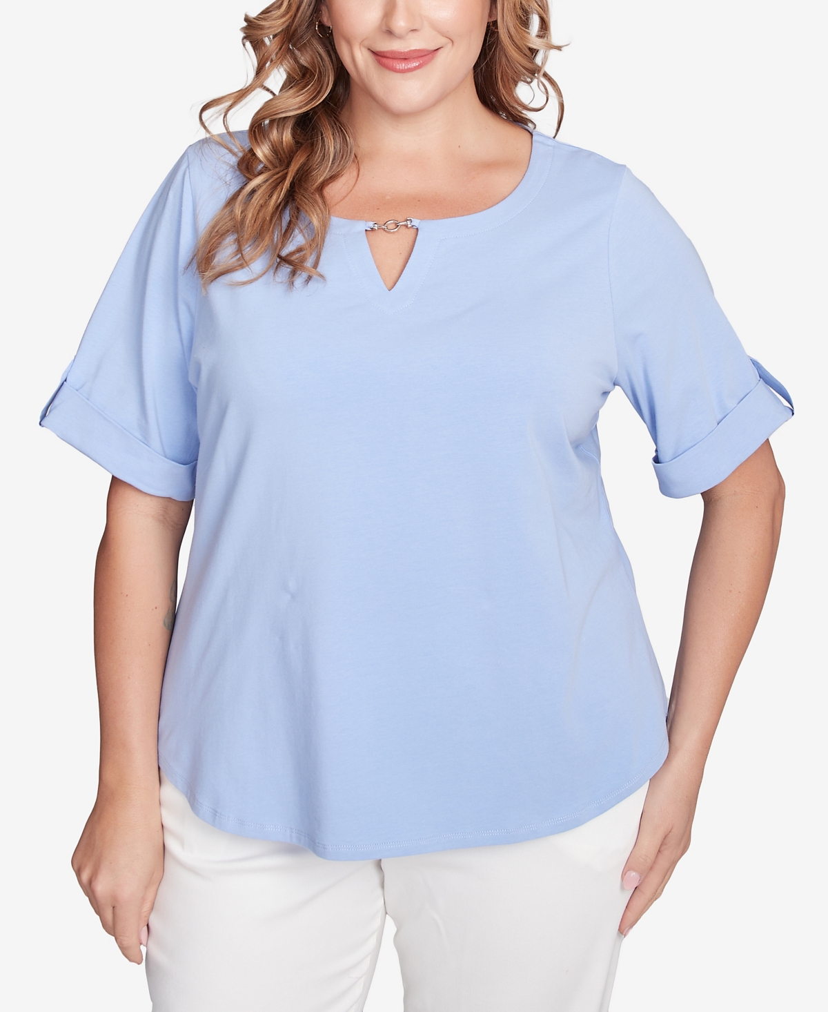 Hearts Of Palm Plus Size Making Waves Solid Short Sleeve Top In Light Blue