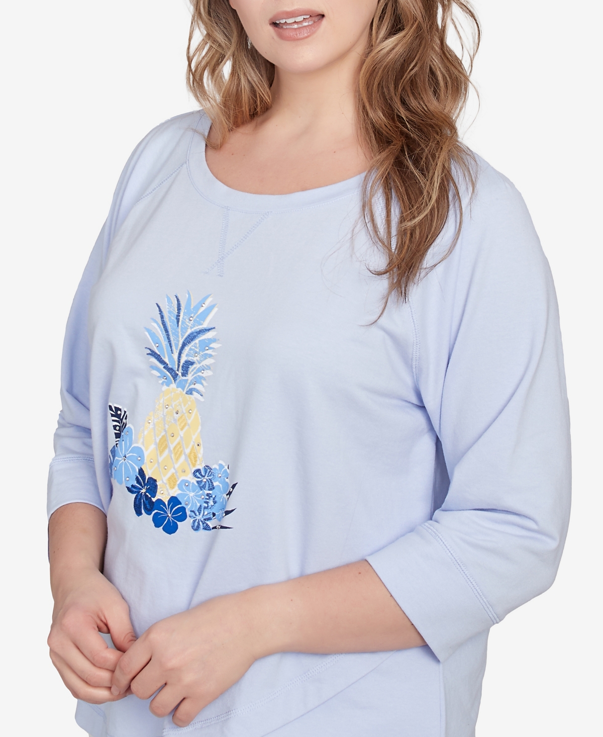 Hearts Of Palm Plus Size Making Waves Pineapple Printed 3/4 Sleeve Top In Light Blue Multi