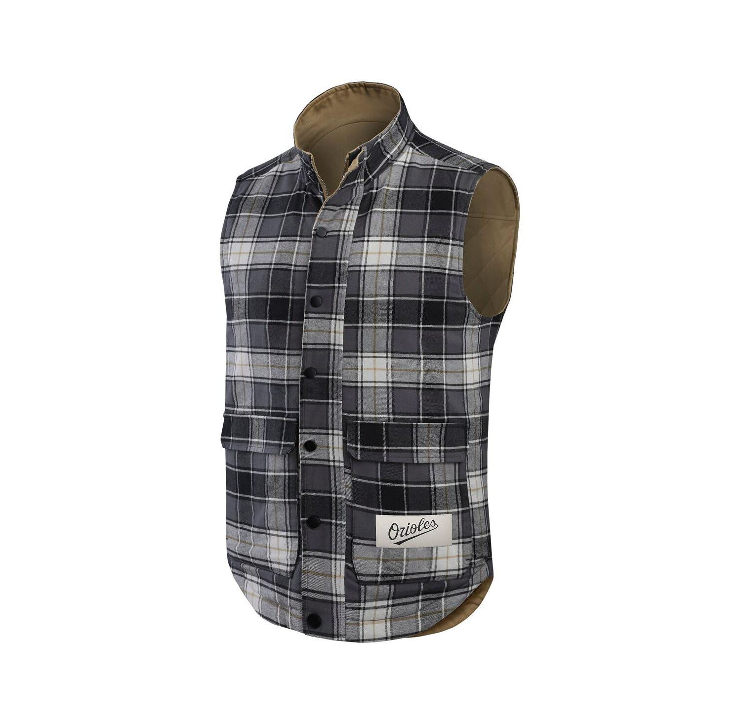 Men's Tan/Charcoal Baltimore Orioles Reversible Canvas Plaid Patch Full-Zip Vest