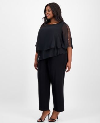 Plus Size Tier-Cape Embellished Jumpsuit 