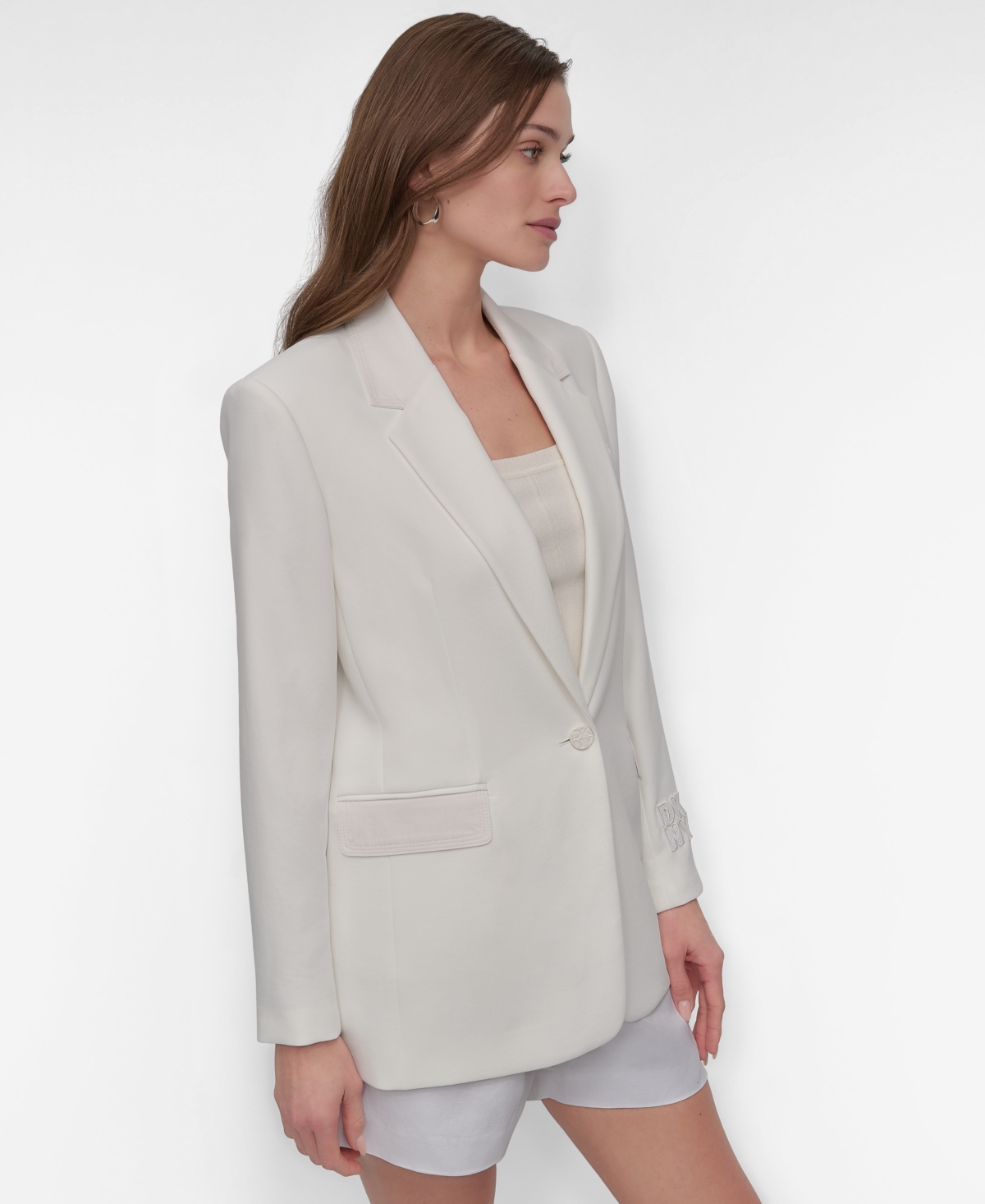 Shop Dkny Women's Notch-collar One-button Logo-patch Blazer In Ivory