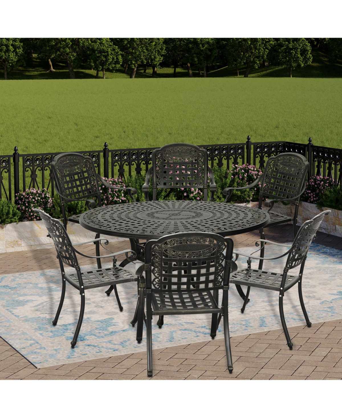 7pcs Patio Dining Set Cast Aluminium Outdoor Dining Set Patio Bistro Set 6 Outdoor Dining Chairs and 59 Inches Round Dining Table
