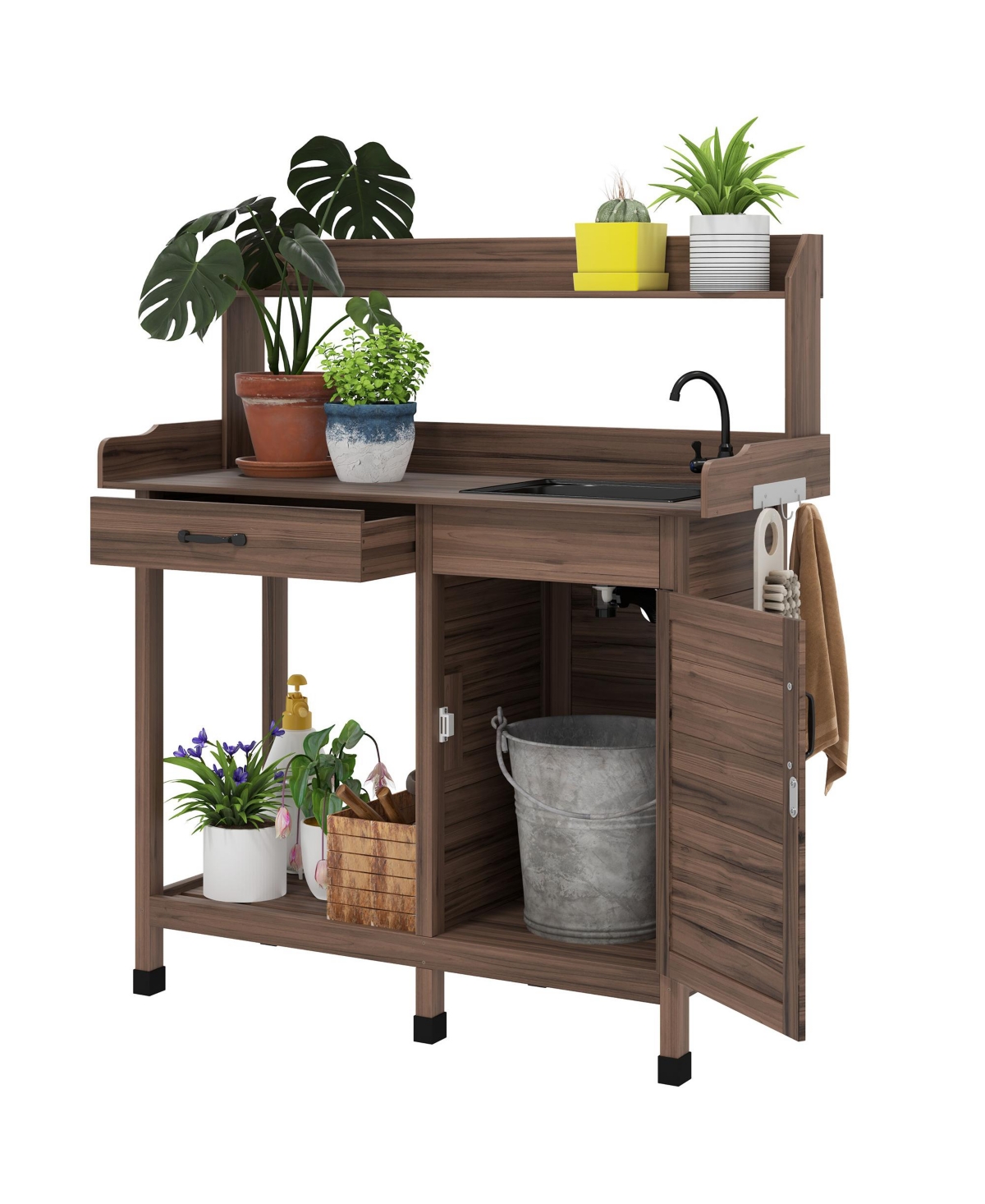 Potting Bench Prep Table w/Faucet, Sink and Storage, - Brown