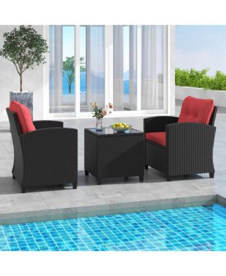 3 PCS Patio Furniture Set w/Tempered Glass Coffee Table Washable Cushions