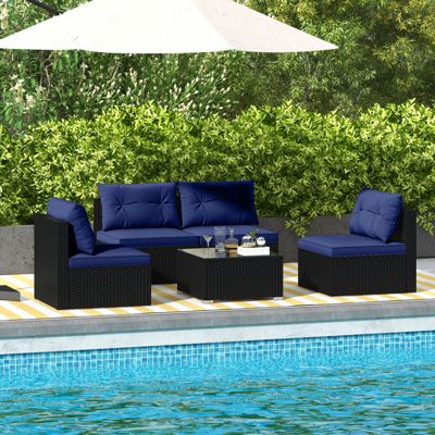 Ratten, Tempered Glass Tabletop 5 PCS Patio Furniture Set w/ Seat & Back Cushions