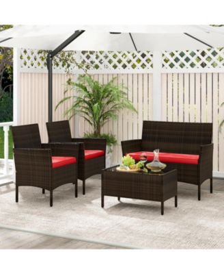 4 Piece Outdoor Rattan Furniture Set with Glass Coffee Table