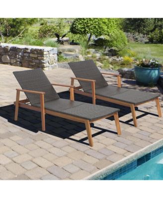 2PCS Patio Rattan Chaise Lounge Chair Recliner Back Adjustable Acacia Wood
