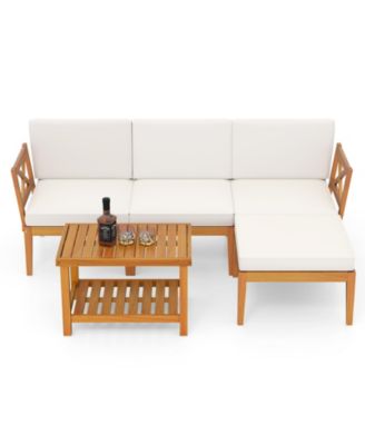 5 Pieces Acacia Wood Patio Furniture Set with 2-Tier Coffee Table and Cushions-White
