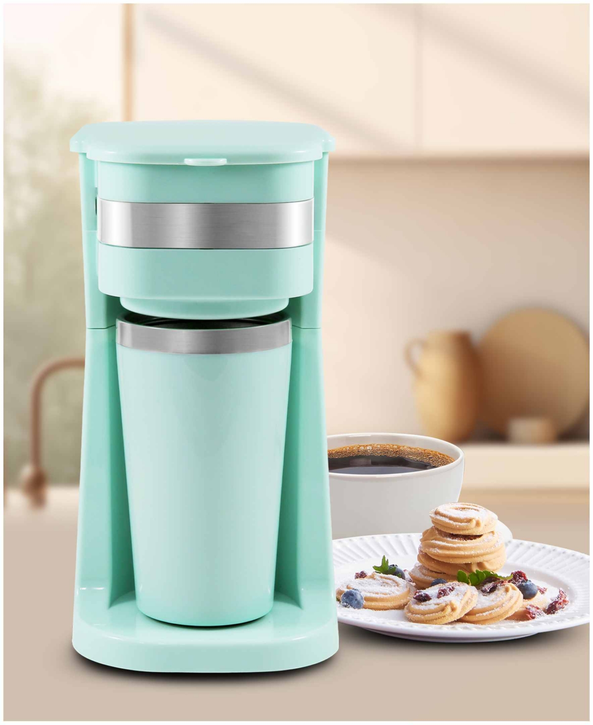 Elite Cuisine 14 Oz. Personal Coffee Maker With Stainless Steel Interior Travel Mug In Mint
