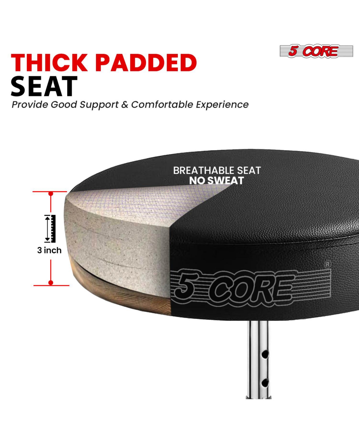 5 Core Drum Throne Adjustable Guitar Stool Padded Seat + Drum Practice Pad Snare Drumming Stand
