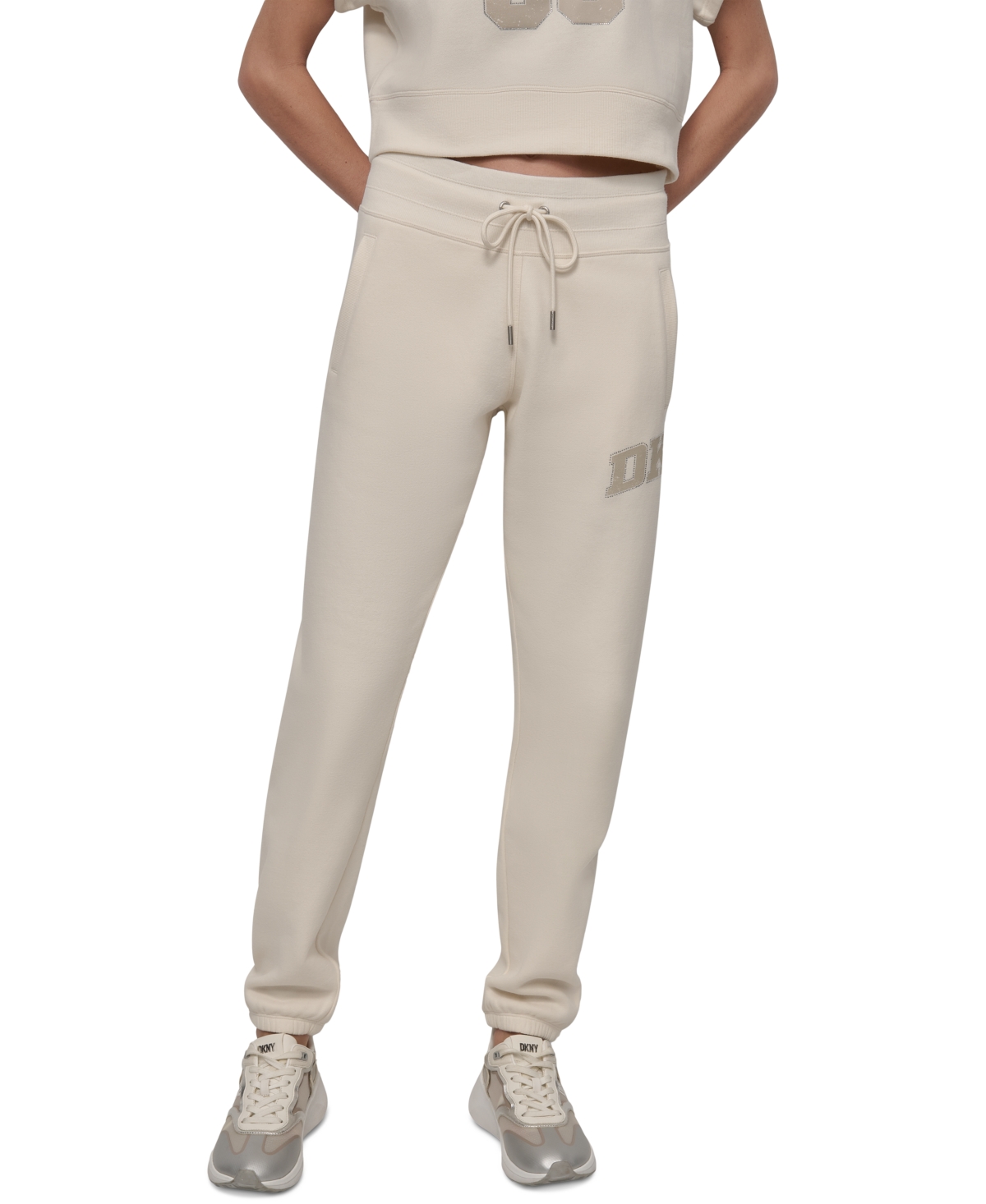 Shop Dkny Sport Women's Rhinestone Logo Relaxed Joggers In Eggnog