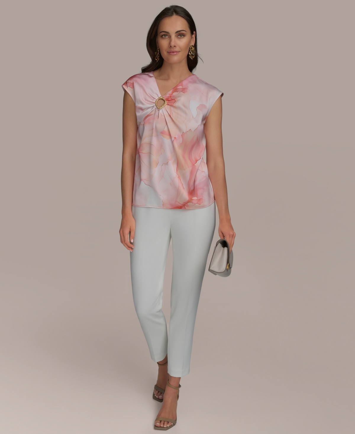 Shop Donna Karan Women's Printed V-neck Blouse In Apricot Multi