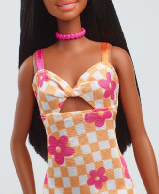 Fashionistas Doll 233 in Checkered Flower Midi Dress, Black Hair