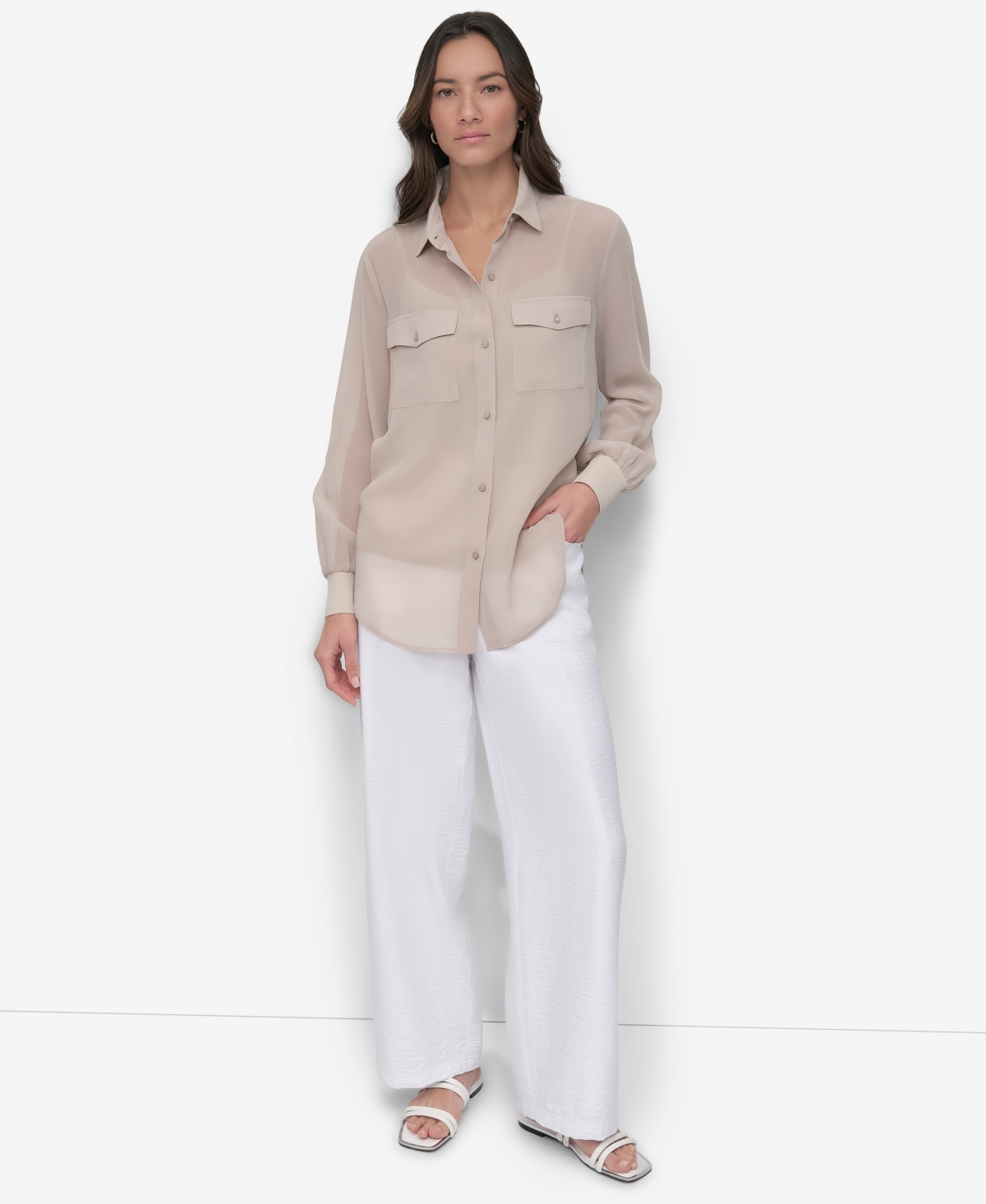 Dkny Chiffon Button-up Shirt In Pebble