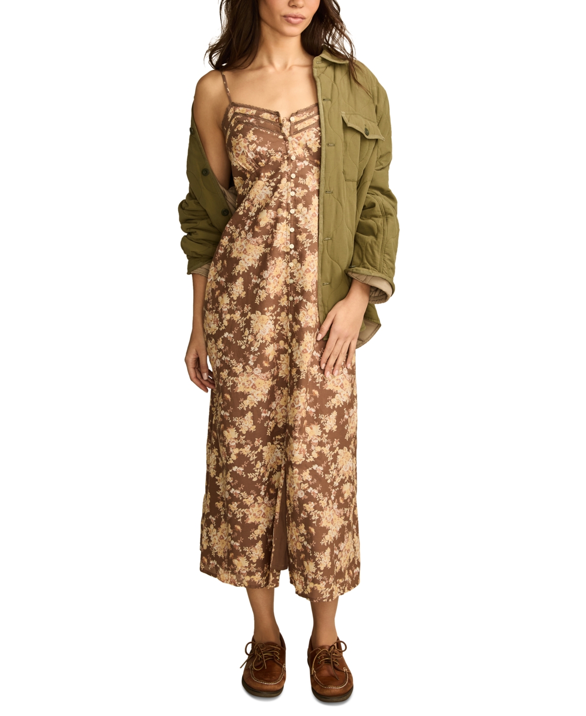 Lucky Brand Floral Lace Trim Button Front Midi Dress In Brown Floral