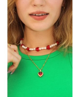 Pearl Choker Necklace With Ceramic Hearts 10.0&iquest;