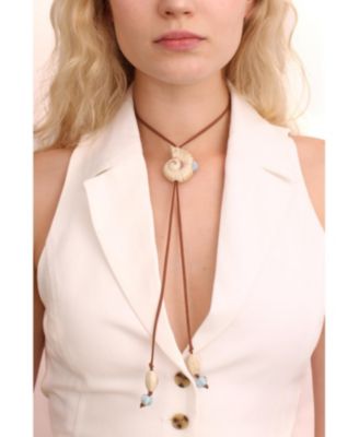 Brown Suede Cord Necklace With Ceramic Seashell Tie Charm