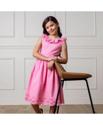 Big Girls Ruffle Collar Party Dress with Eyelet Embroidery