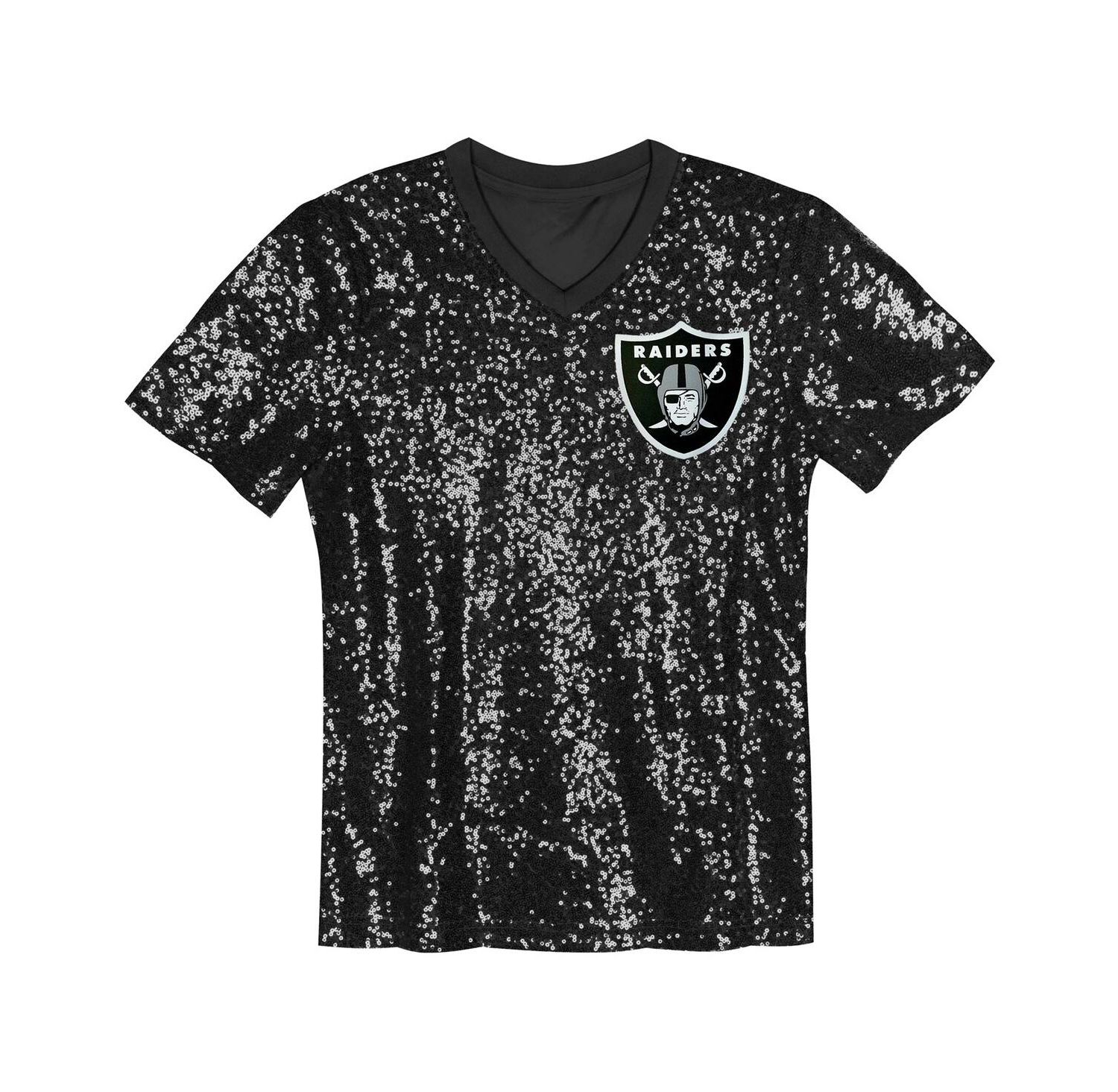 Big Girls Black Las Vegas Raider's Wordmark Sequin V-Neck Top