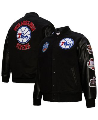 Mitchell & Ness - Men's Black Philadelphia 76ers Hardwood Classics Blackout Collection Full-Snap Varsity Jacket