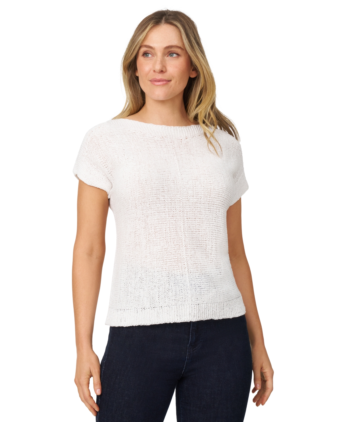 Petite Buttoned-Back Dolman-Sleeve Tape Yarn Sweater - Snow White