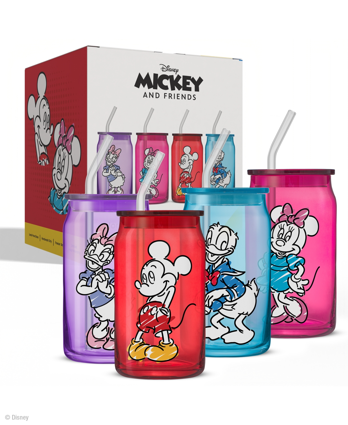 JOYJOLT DISNEY MICKEY MOUSE FRIENDS COLOR SKETCH TUMBLER GLASSES WITH LIDS, SET OF 4 