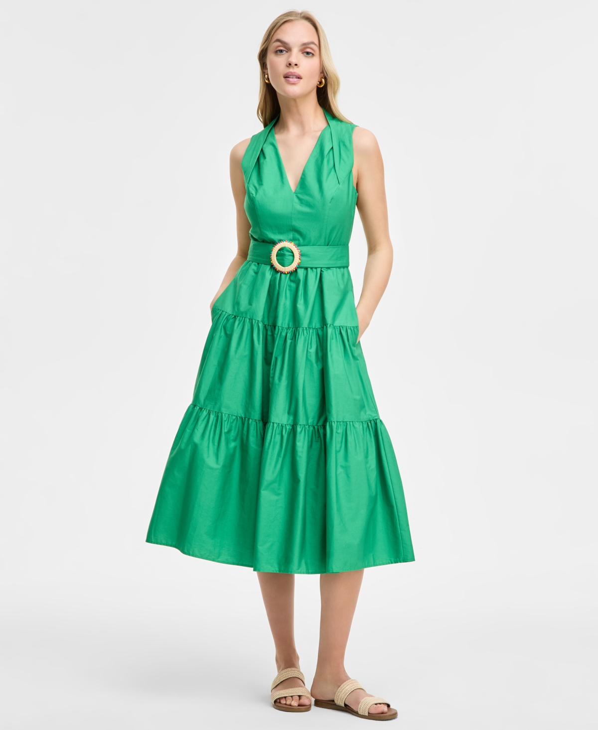 Vince Camuto Plus Size Cotton Belted Tiered Sleeveless Midi Dress In Green