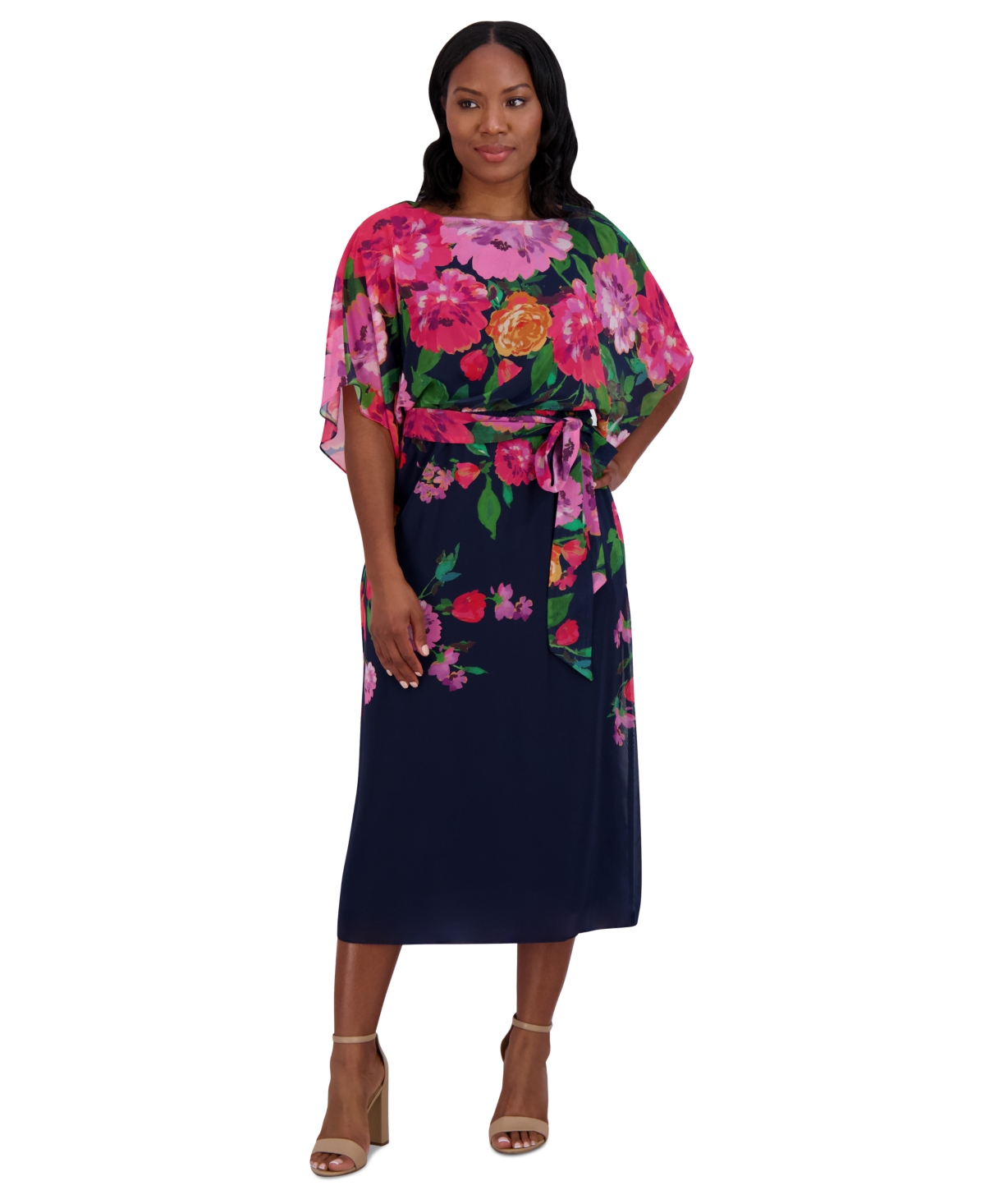 Women's Floral-Print Belted Chiffon Dress - Navy Multi