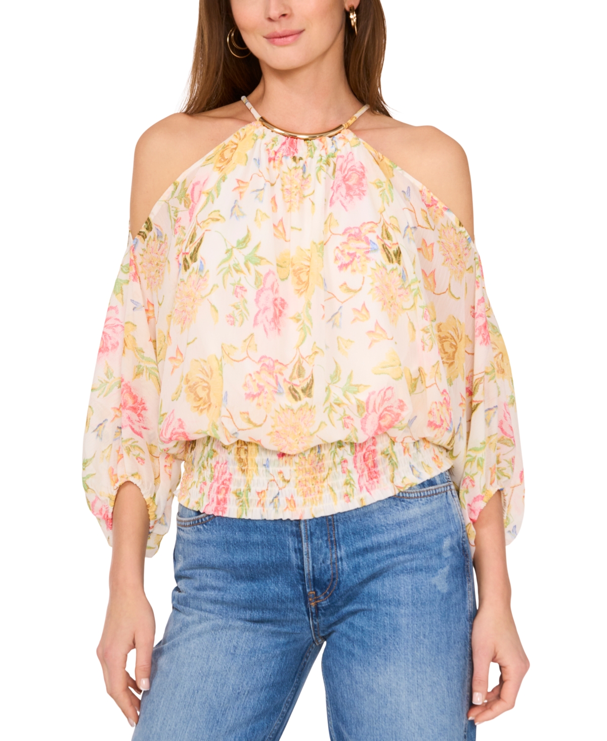 Sam & Jess Women's Printed Cold-shoulder Halter-neck Blouse