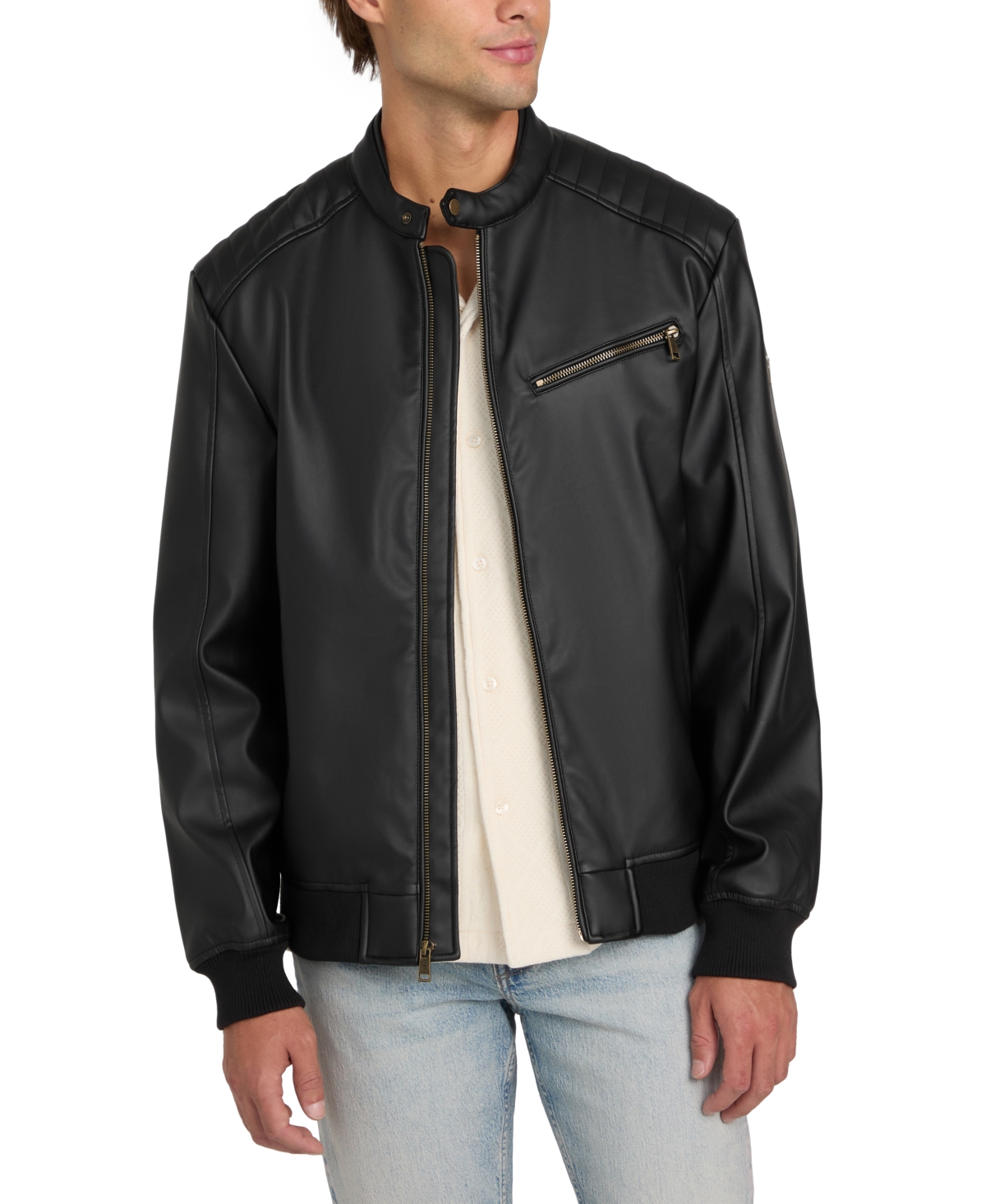 Men's Stretch Faux Leather Snap Collar Moto Jacket - Jet Black