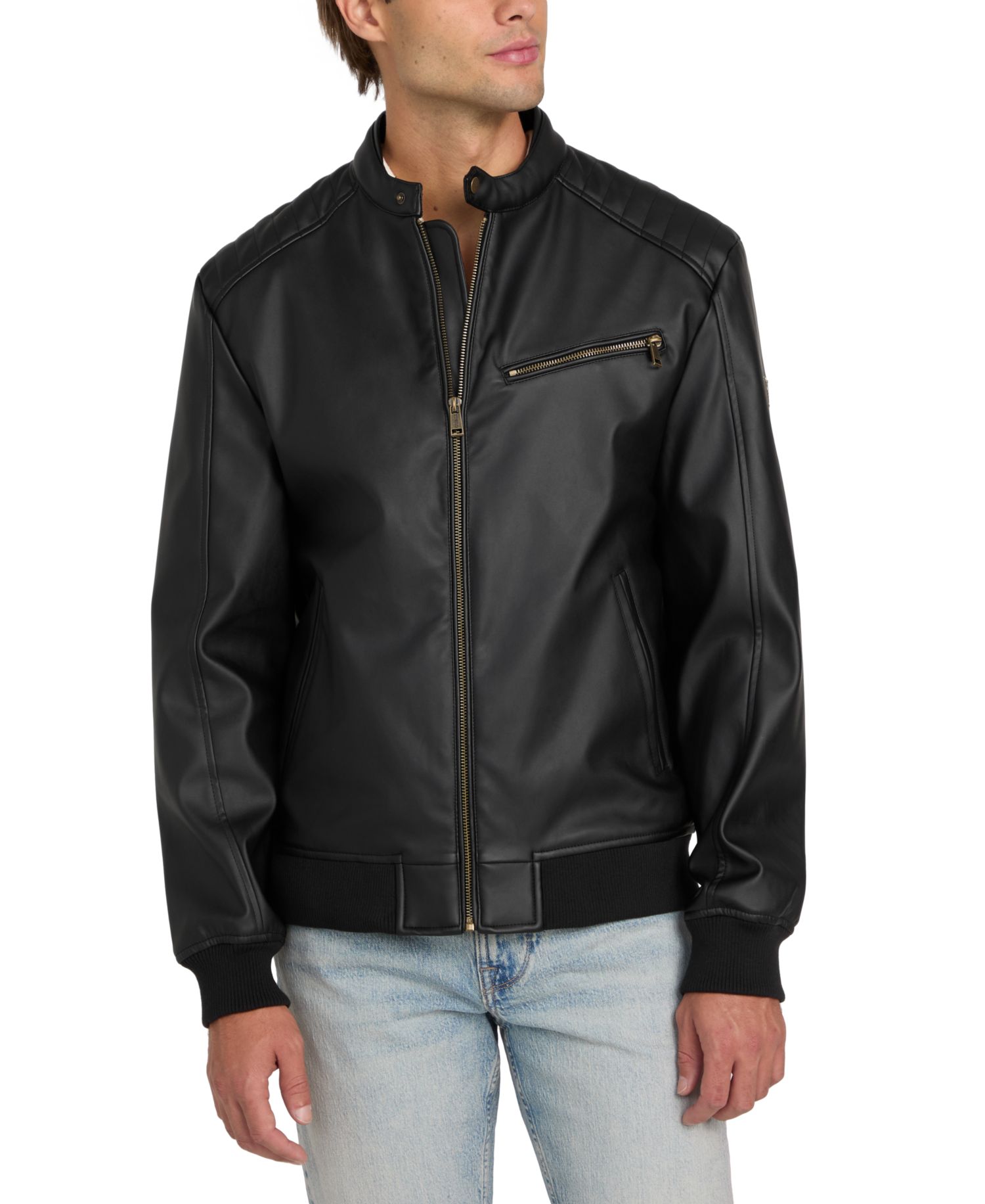 Men's Stretch Faux Leather Snap Collar Moto Jacket
