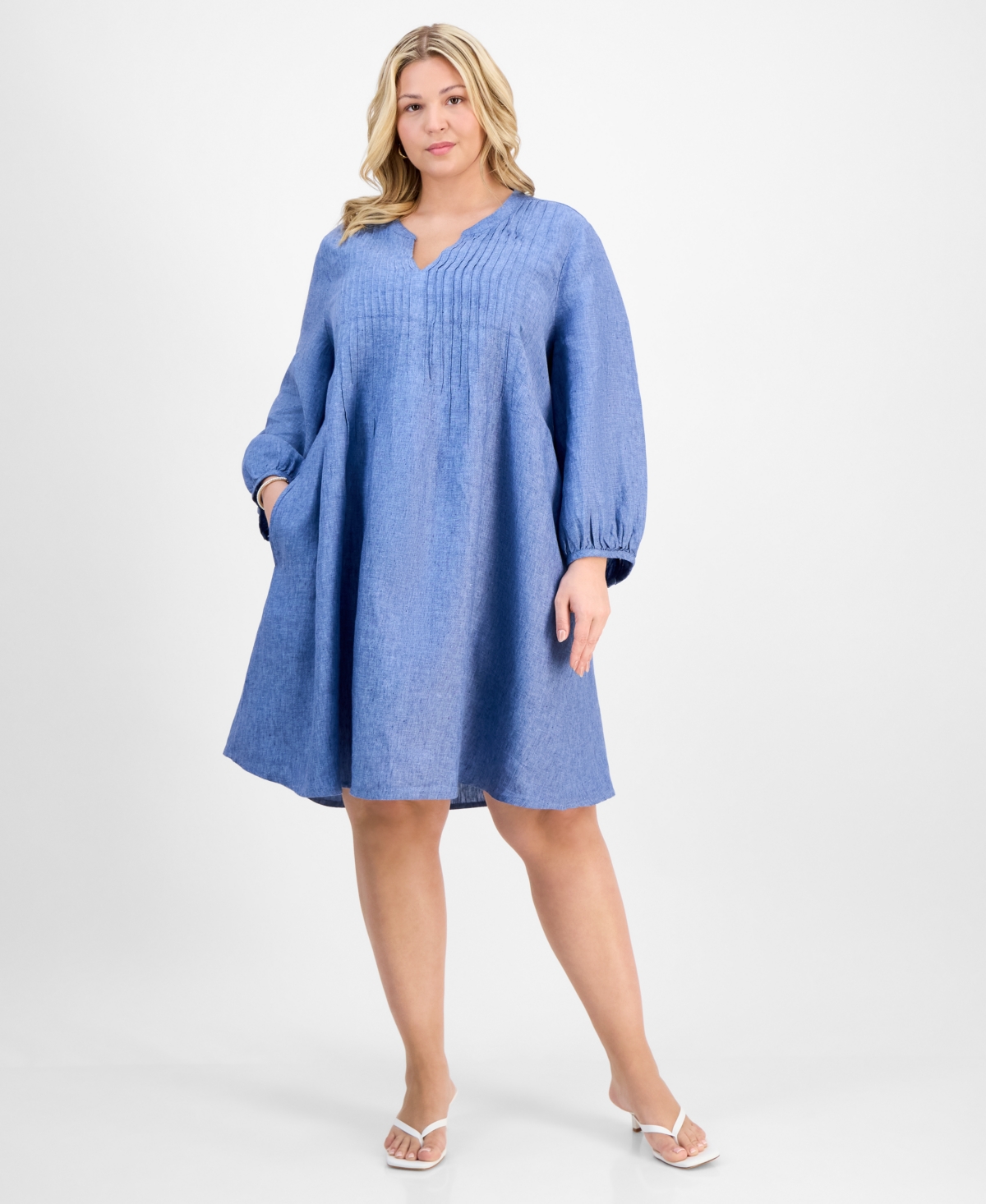 Charter Club Plus Size Linen Pleated Blouson-sleeve Shift Dress, Exclusively At Macy's