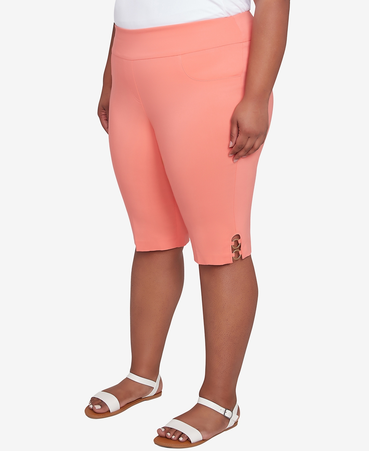 Hearts Of Palm Plus Size Spring Forward Solid Tech Stretch Pull On Skimmer Pants In Coral