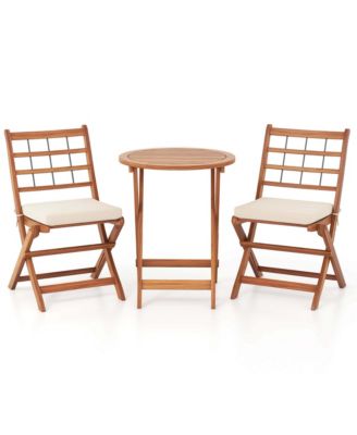 3 PCS Acacia Wood Patio Bistro Set Folding Outdoor Table and Chairs with Cushions