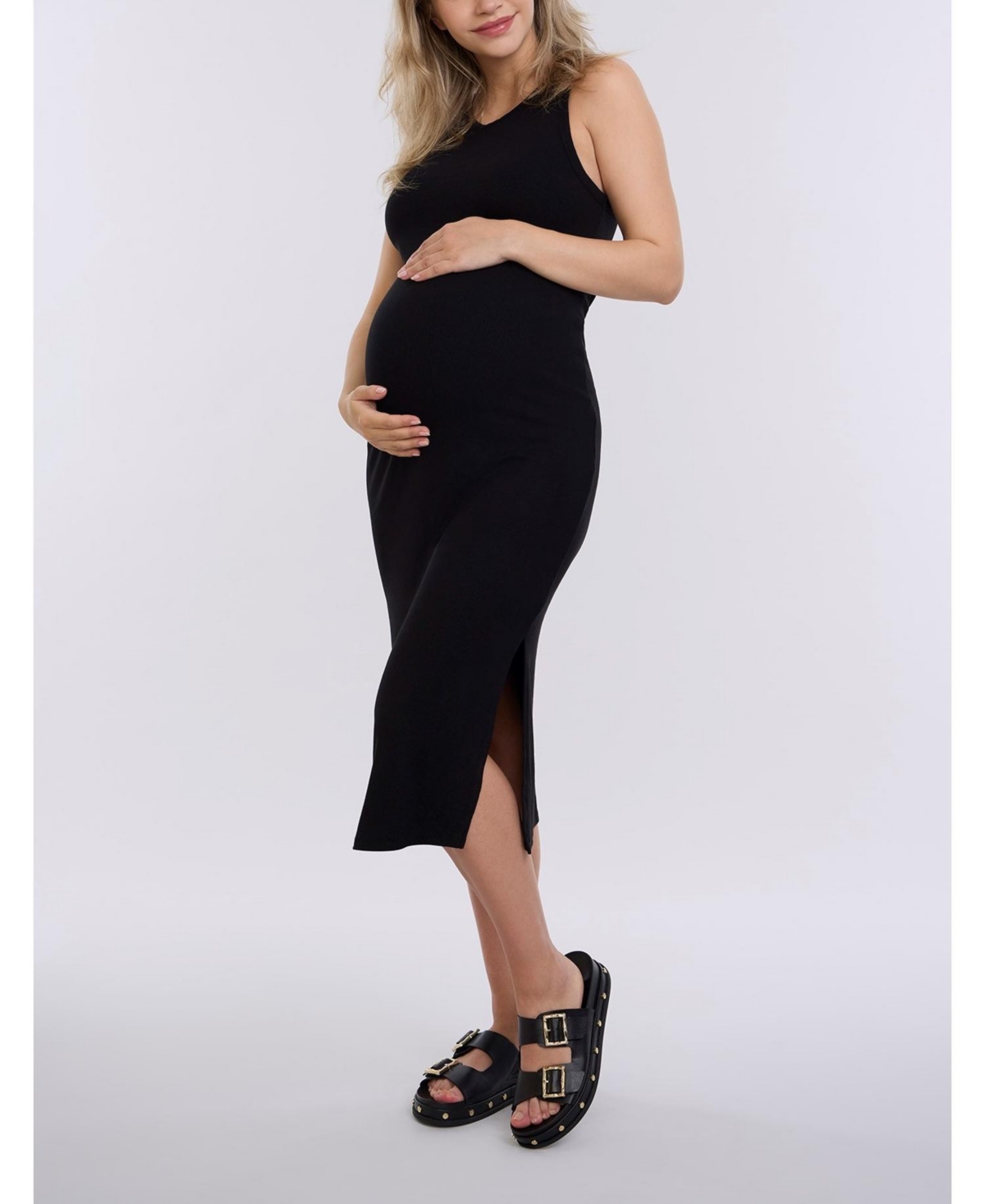 Women's Crew Neck Sleeveless Racerback Maternity Midi Dress - Motherhood Maternity - Raspberry