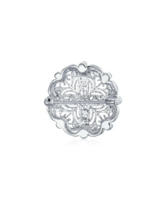 Floral Heart Filigree CZ Brooch Pin Silver Brass
