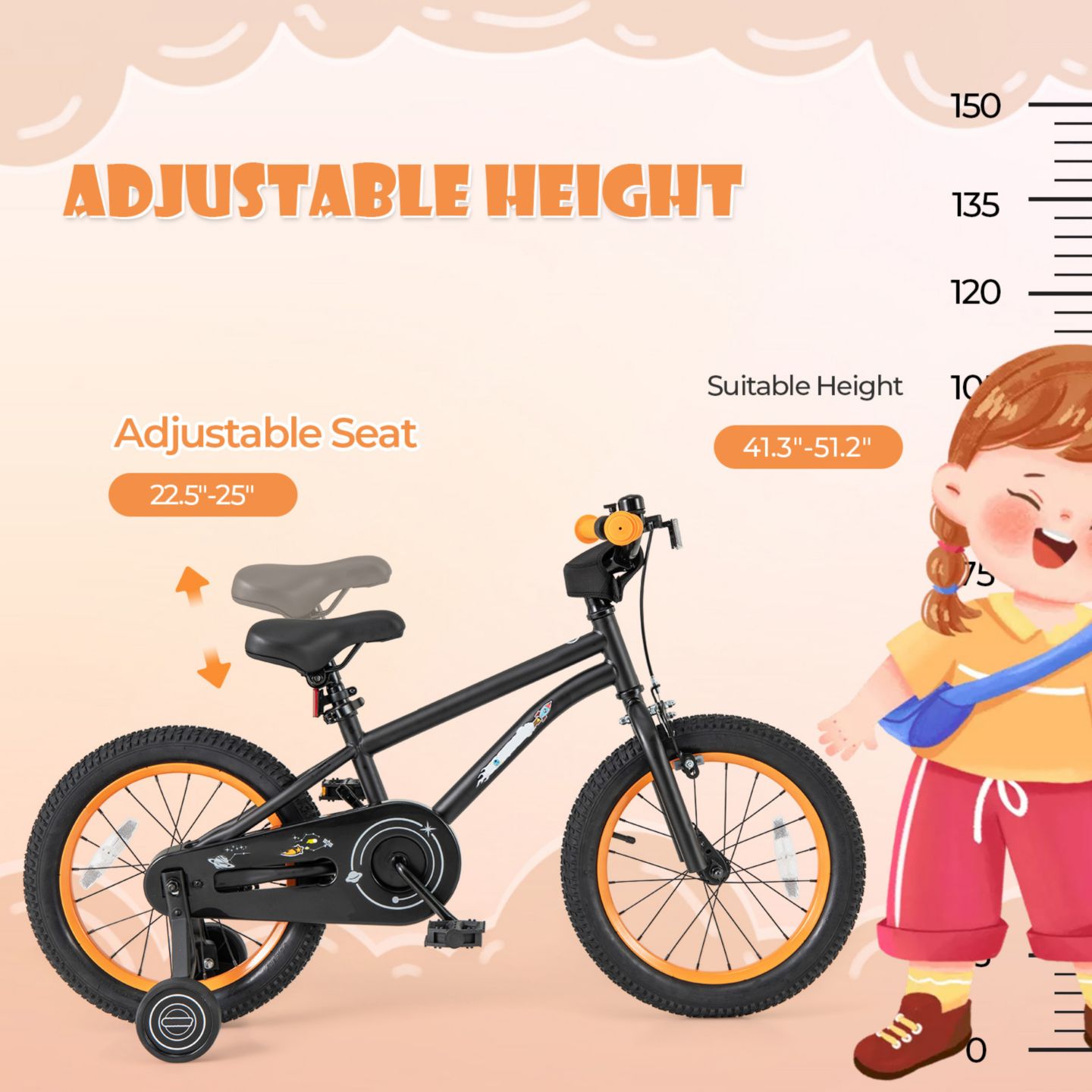 Детская игрушка Slickblue Training-Wheel Adjustable-Seat Bicycle, 4–7 лет, цвет: Чёрный — фото 4