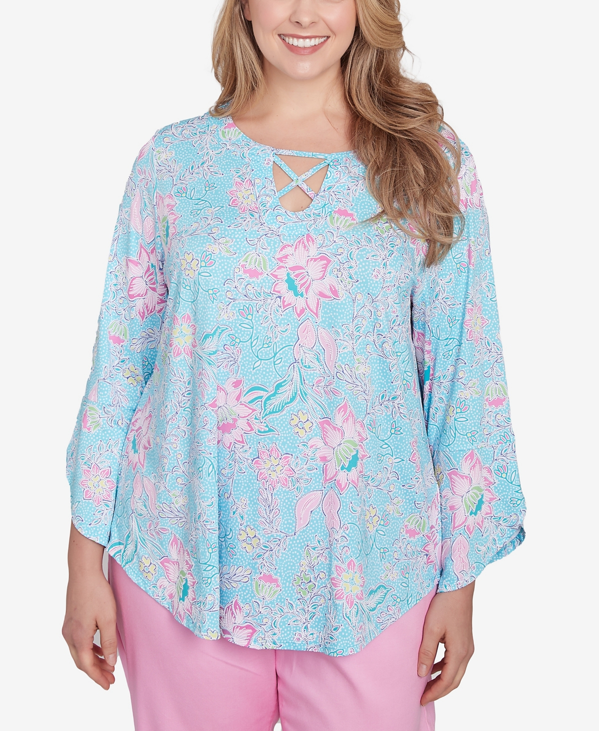 Plus Size Floral Puff Print Top - Capri Blue Multi