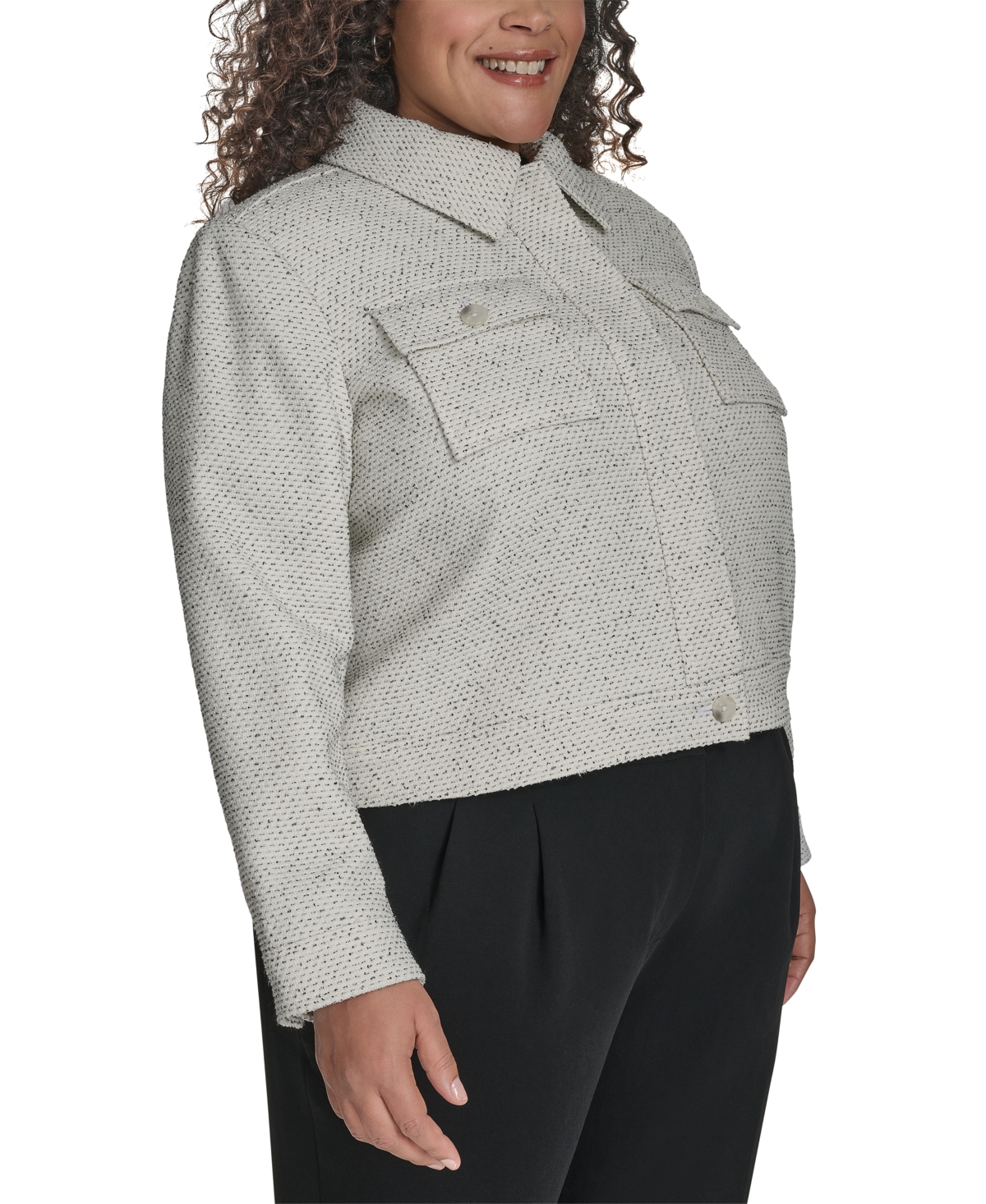 Dkny Plus Size Cropped Long-sleeve Tweed Trucker Jacket In Black