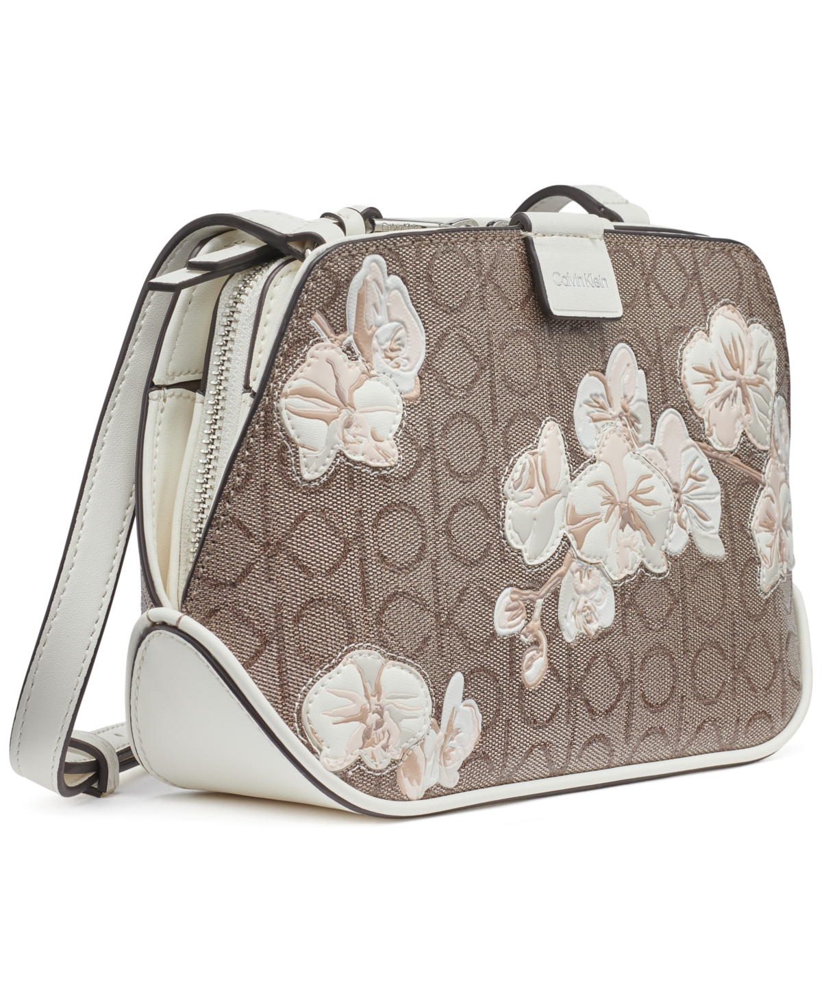 Calvin Klein Audrey Floral Logo Emboss Crossbody In Almond Taupe,pink,cherub White