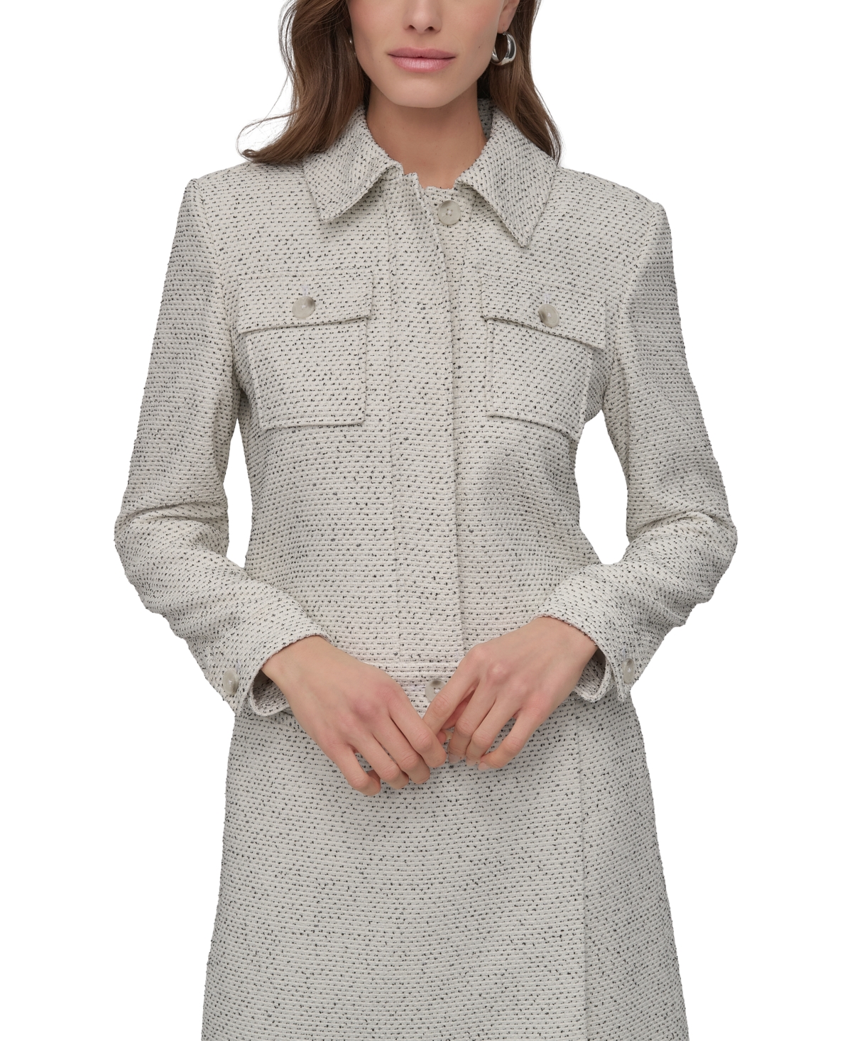 Shop Dkny Petite Cropped Long-sleeve Tweed Trucker Jacket In Ivory,black