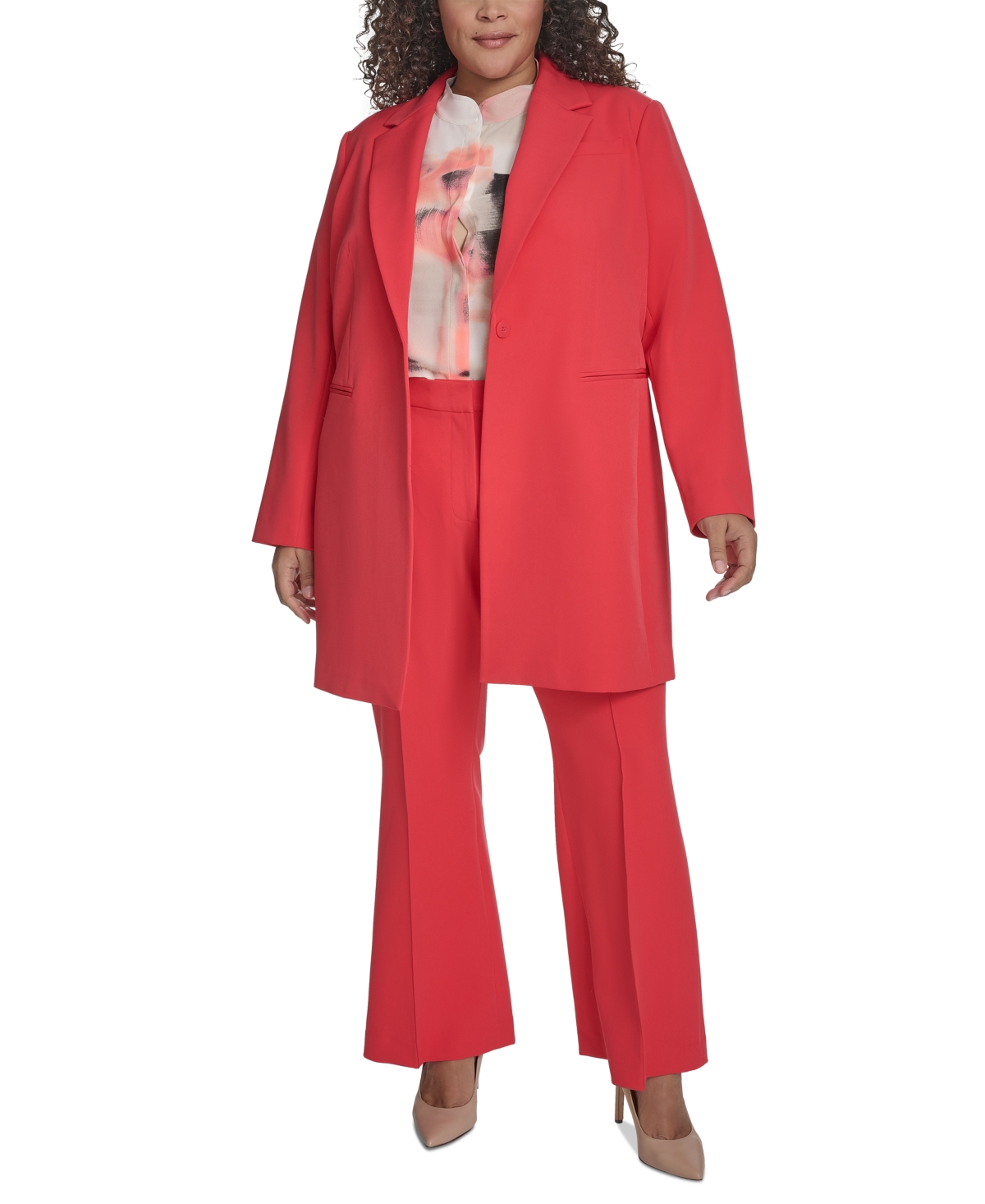 Dkny Plus Size Notch-collar One-button Long Topper In Watermelon Sugar